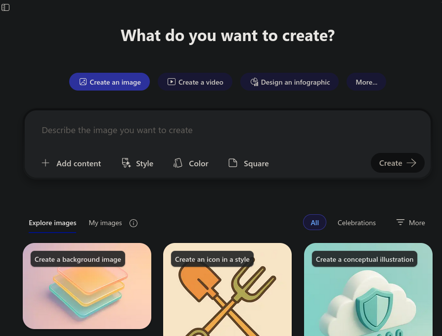 a screenshot of the Create section of Microsoft 365